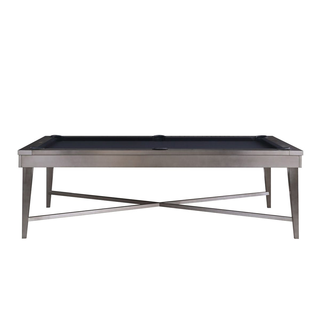 Side view of pool table with cross beams underneath the table and navy blue felt