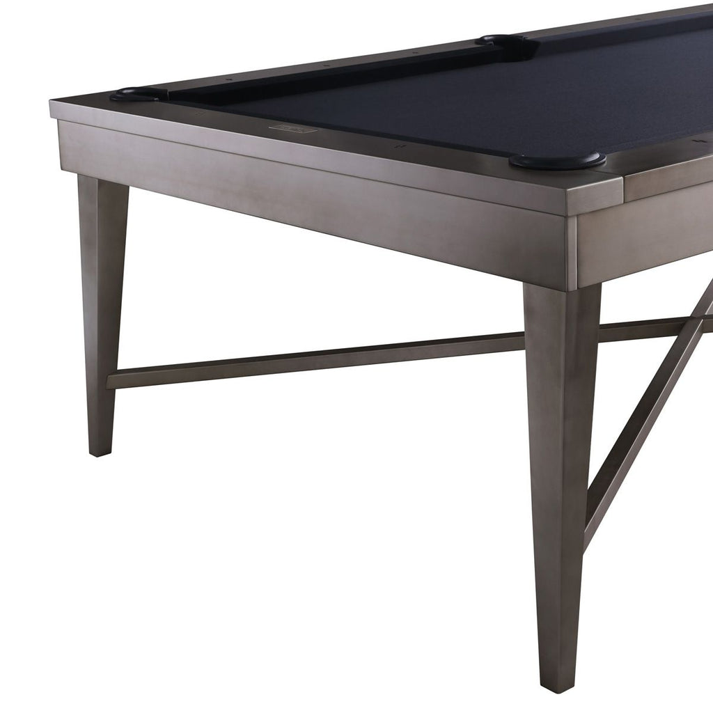 End view of pool table of steel metal table with narrow tapered legs