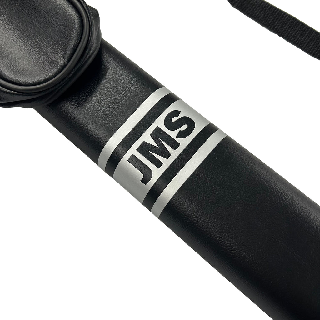 Close up of JMS initials on black case in silver