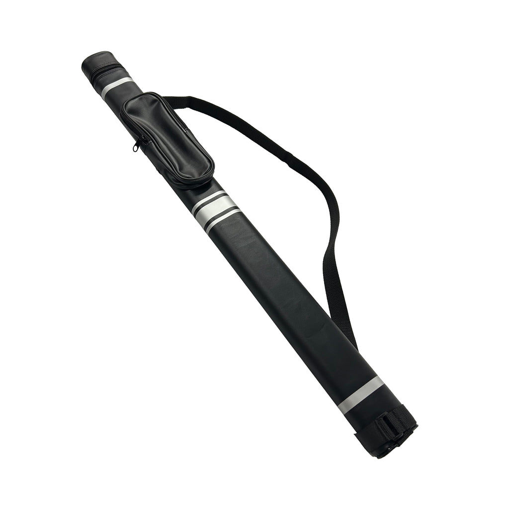 Black pool case with silver stripes and strap