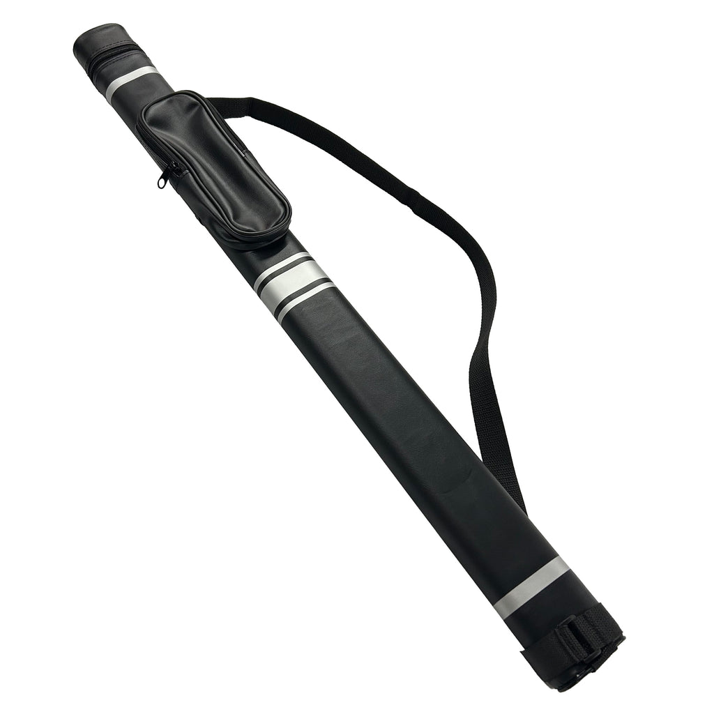 Black pool cue case with white stripes on a white background