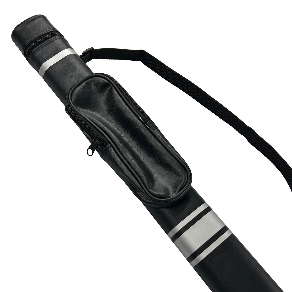 Black pool cue case with silver stripes on a white background close up