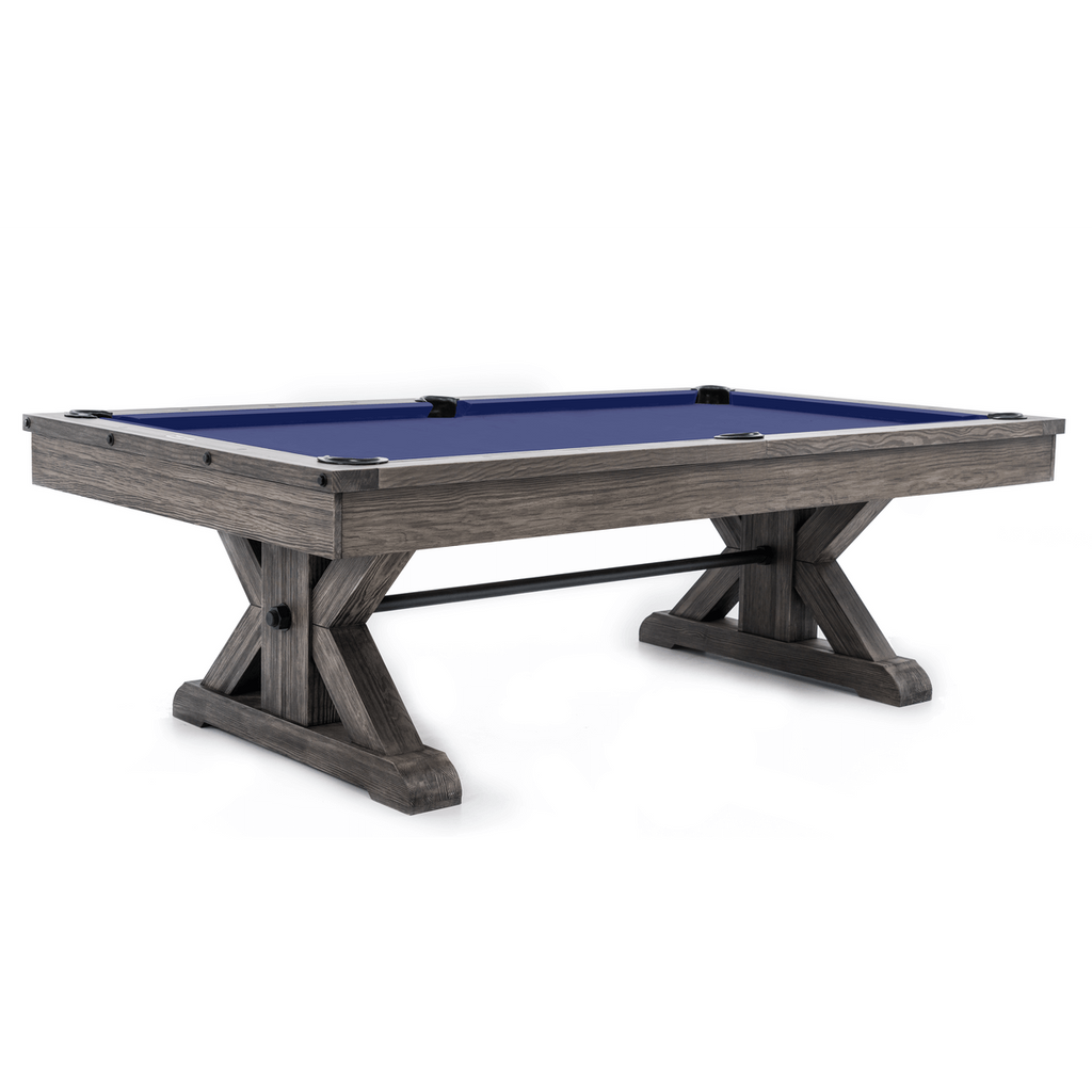 Side view diagonal of otis pool table in weathered grey finish with purplish blue cloth