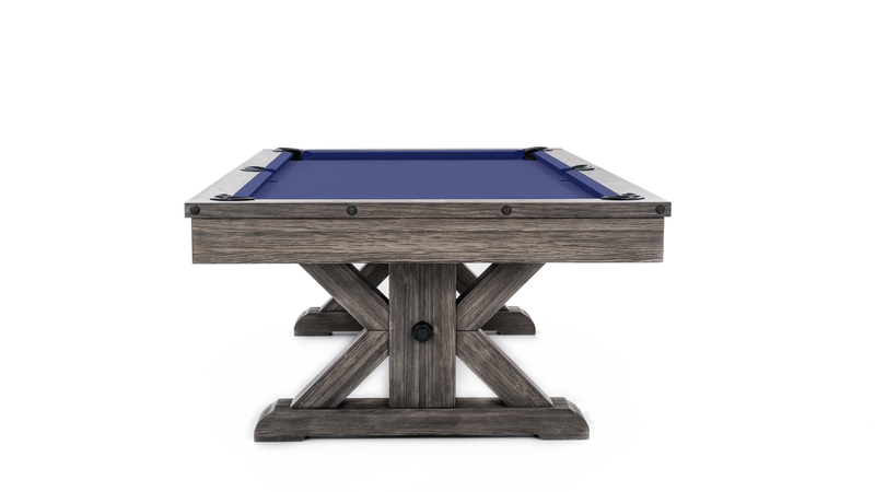 End view of pool table with purplish blue felt and pedestal base leg in smokehouse grey finish
