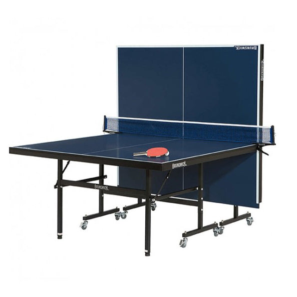Blue ping pong table folded up 