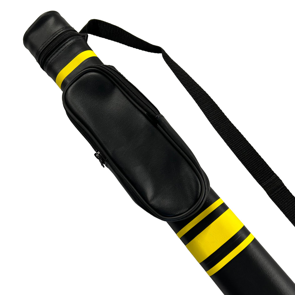 Close up of black pool case with yellow stripes and strap with pocket