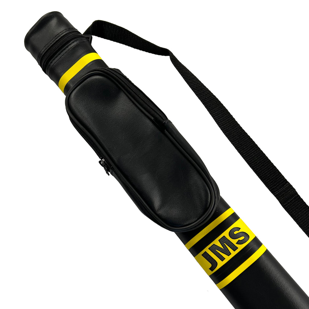 Black pool cue case with yellow stripes and 'JMS' branding on a white background