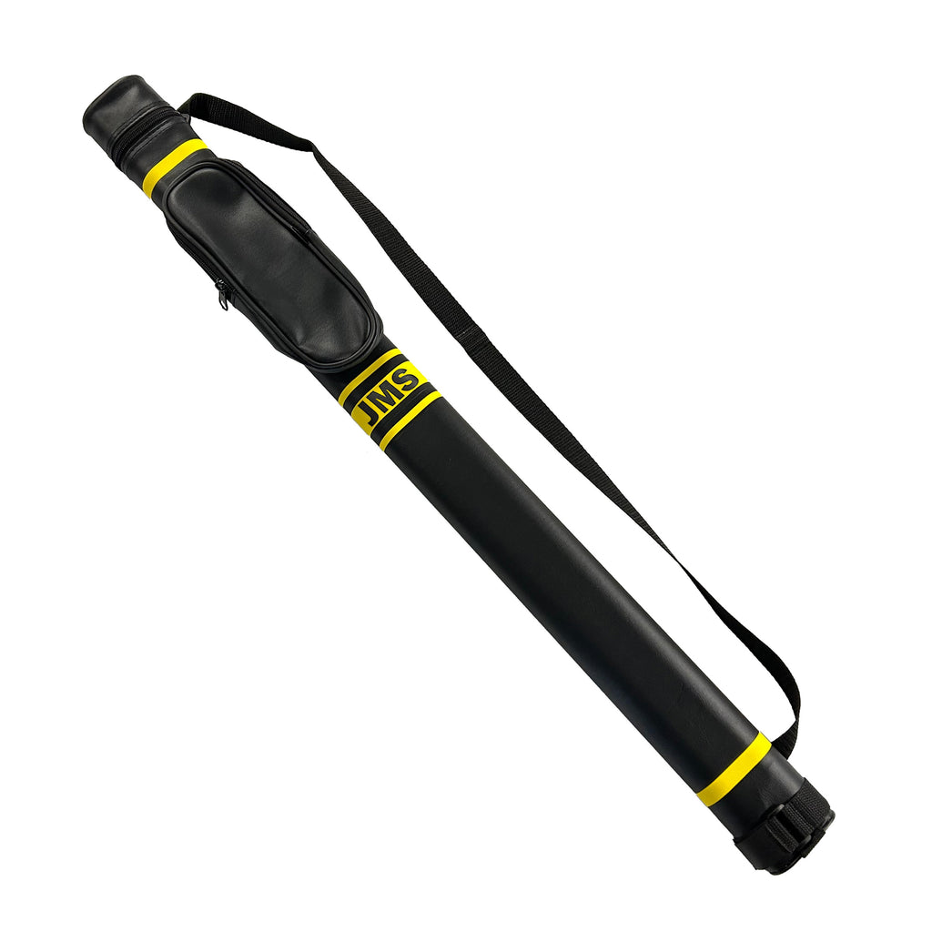 Black pool cue case with yellow stripes and 'JMS' branding on a white background with long strap
