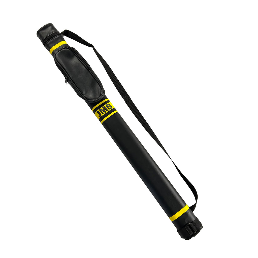 Black pool cue case with yellow stripes and 'JMS' branding on a white background overall view