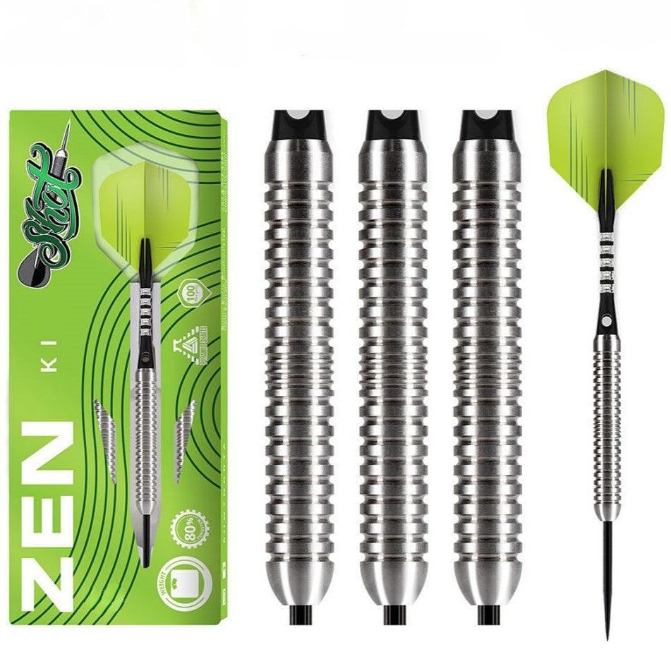 Zen Ki dart with green flight, black aluminum shaft, and silver barrel with black steel tip 3 barrels and packaging