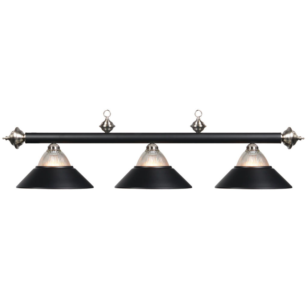 3 Shade Billiard Light Black Metal Shades with Glass Halophane & Stainless Accents