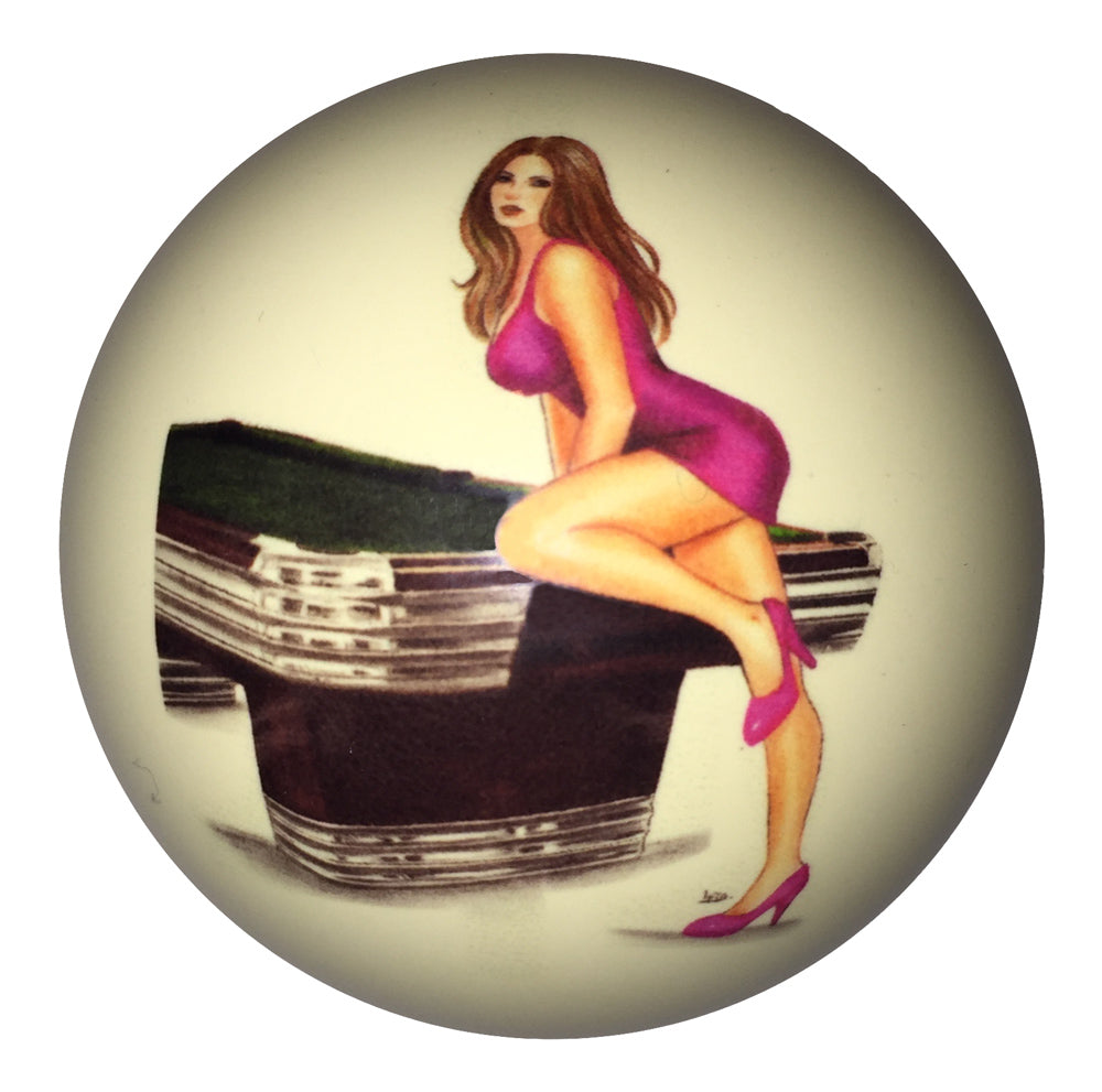Pink Dress Girl with Centennial Pool Table Pin-Up Custom Cue Ball