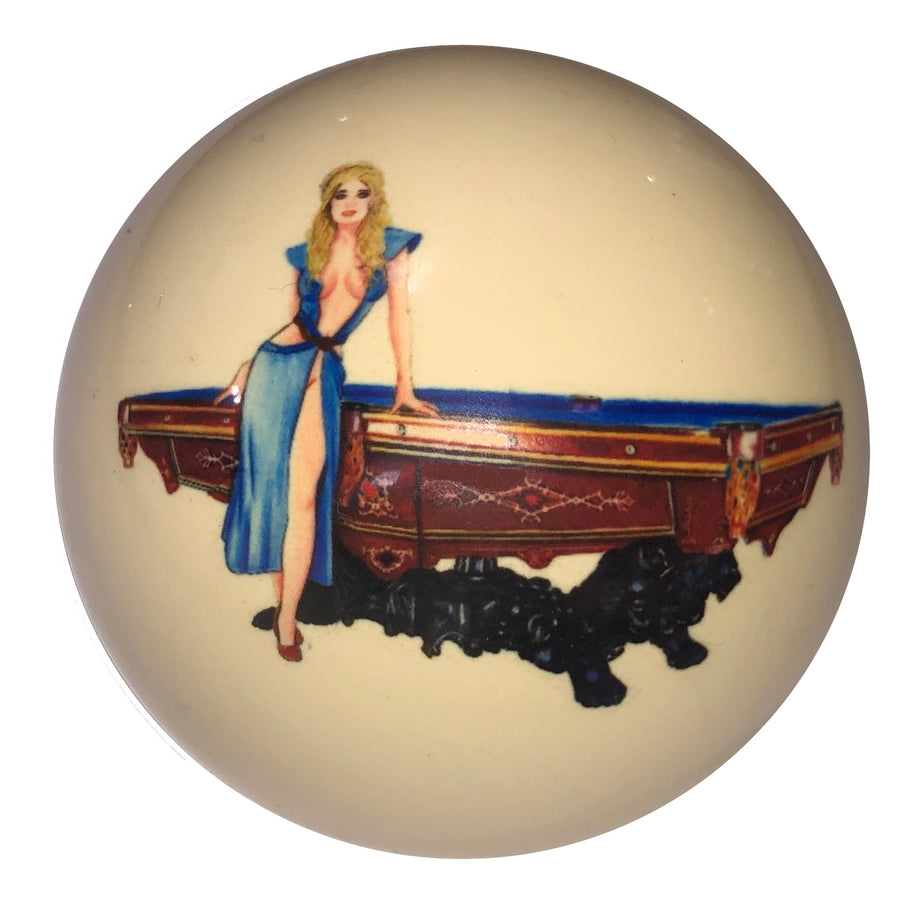 Blue Dress Pin-Up with Monarch Pool Table Custom Cue Ball – D&L Billiards