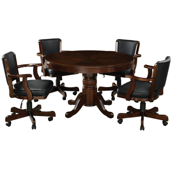 Round Solid Wood Gaming Table Cappuccino Dining with Chairs