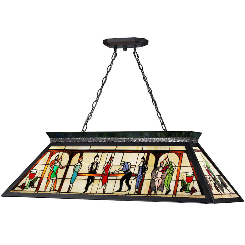 Stained Glass Billiard Light with Pool Room Scene