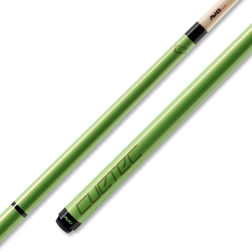 Green Cuetec Avid Cue butt with logo on end