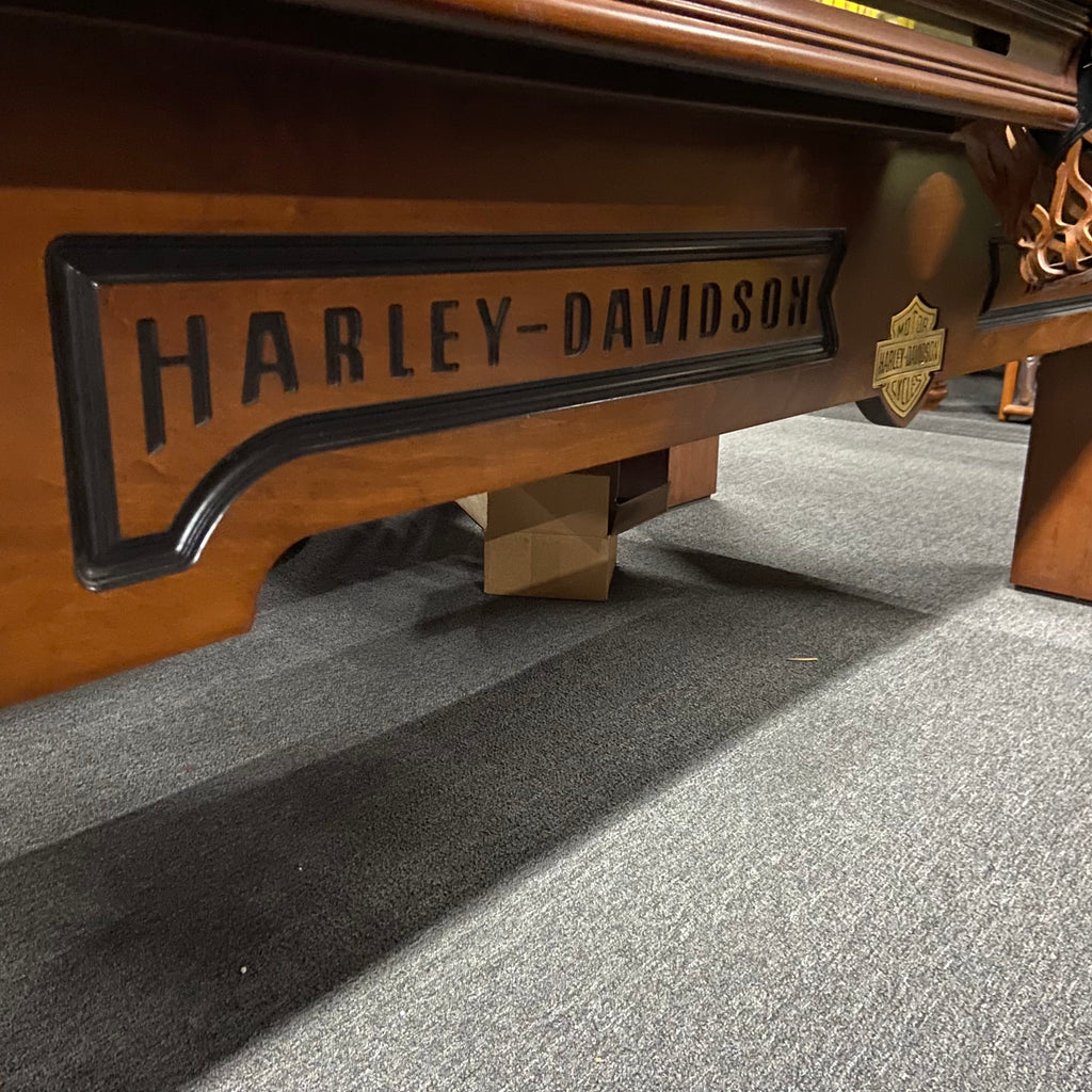 8Ft Used Harley Davidson Olhausen Pool Table Cabinet Close up