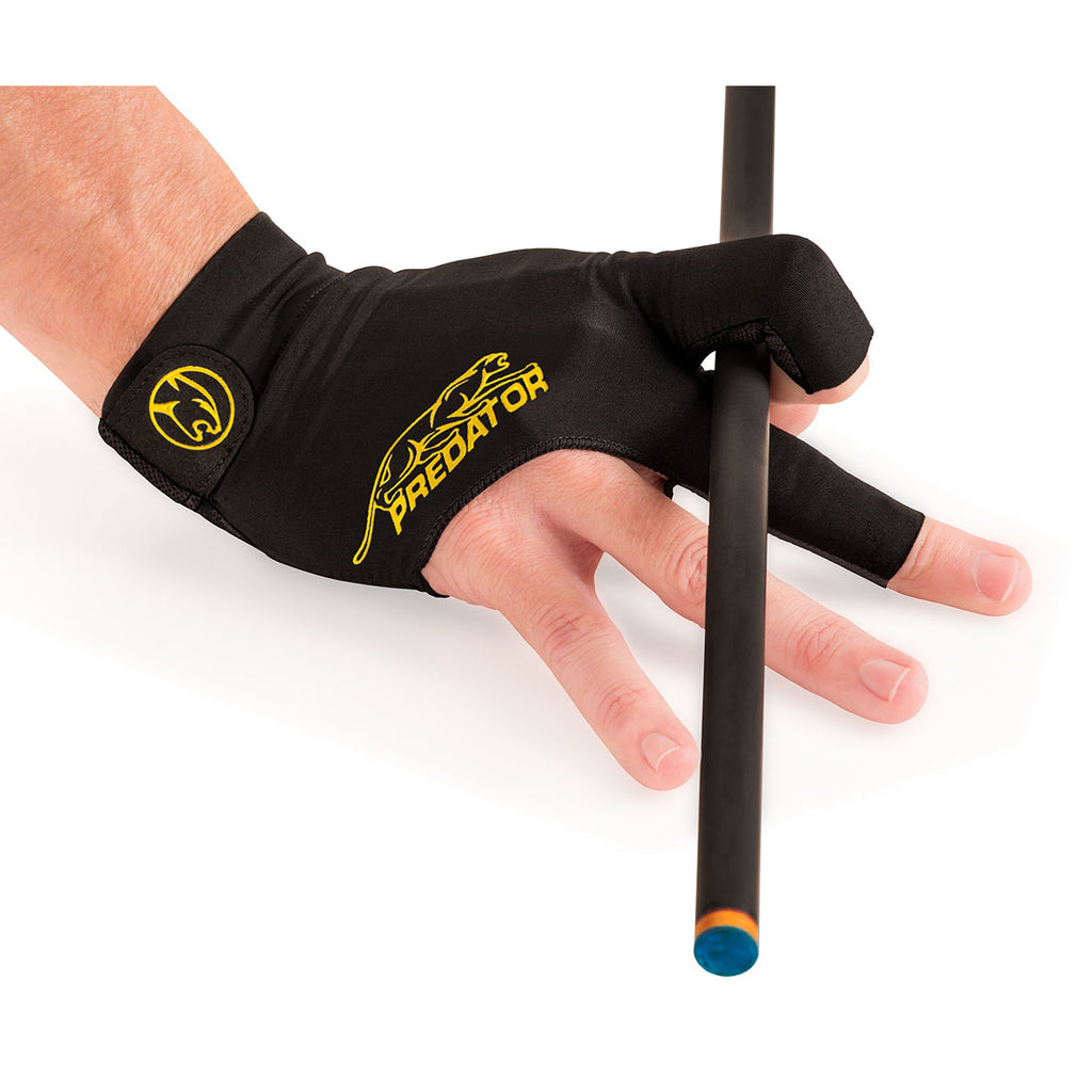Predator Second Skin Black & Yellow Right Handed Pool Glove Holding Cue 