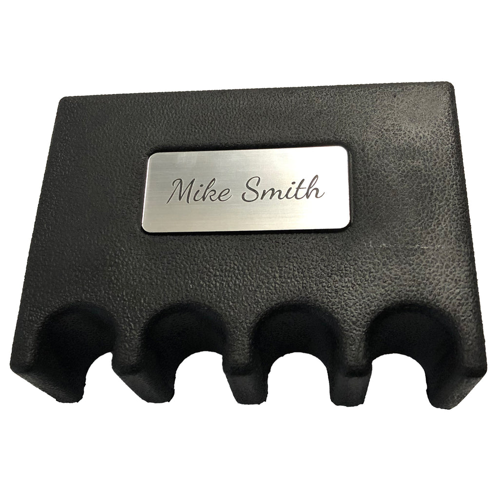Custom Weighted Pool Cue Holder Rest for 4 Cues Silver Cursive Plate