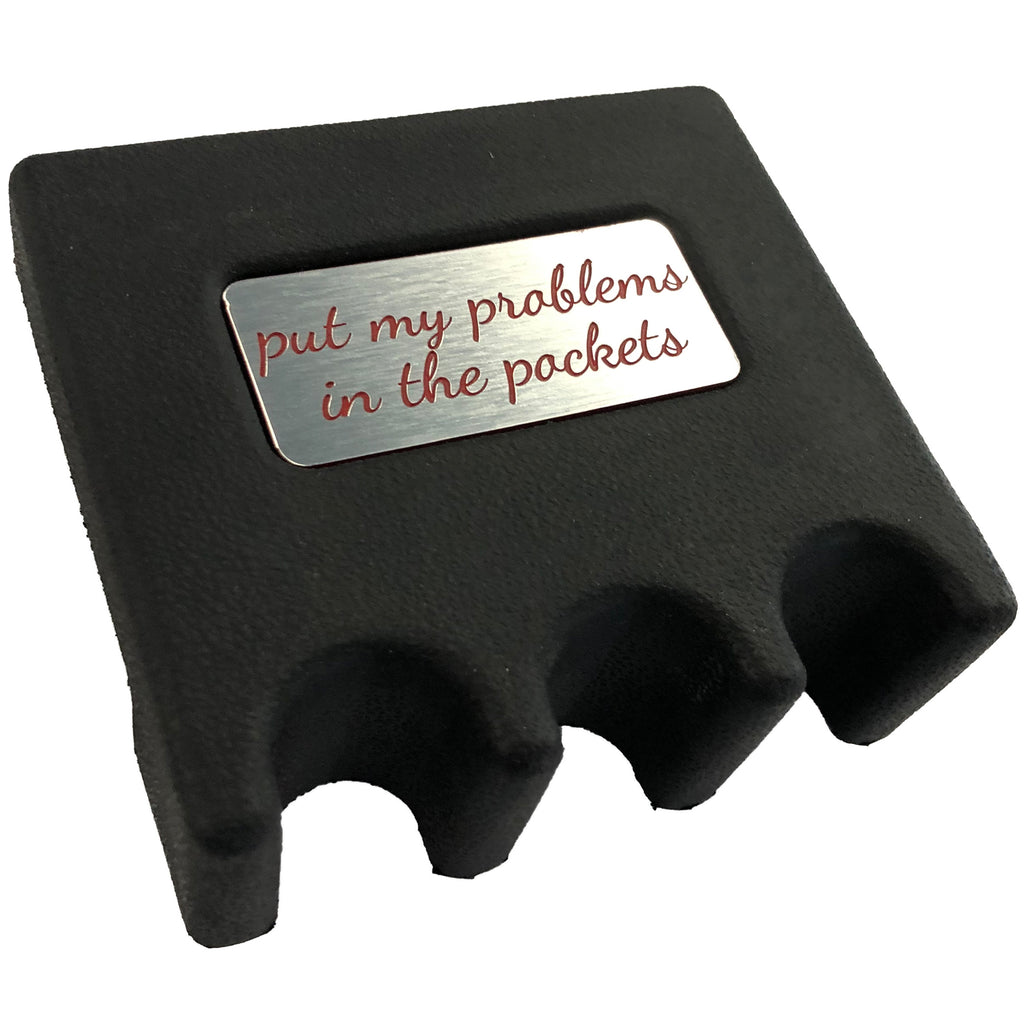 Custom Weighted Pool Cue Holder Rest for 3 Cues Red Cursive Plate