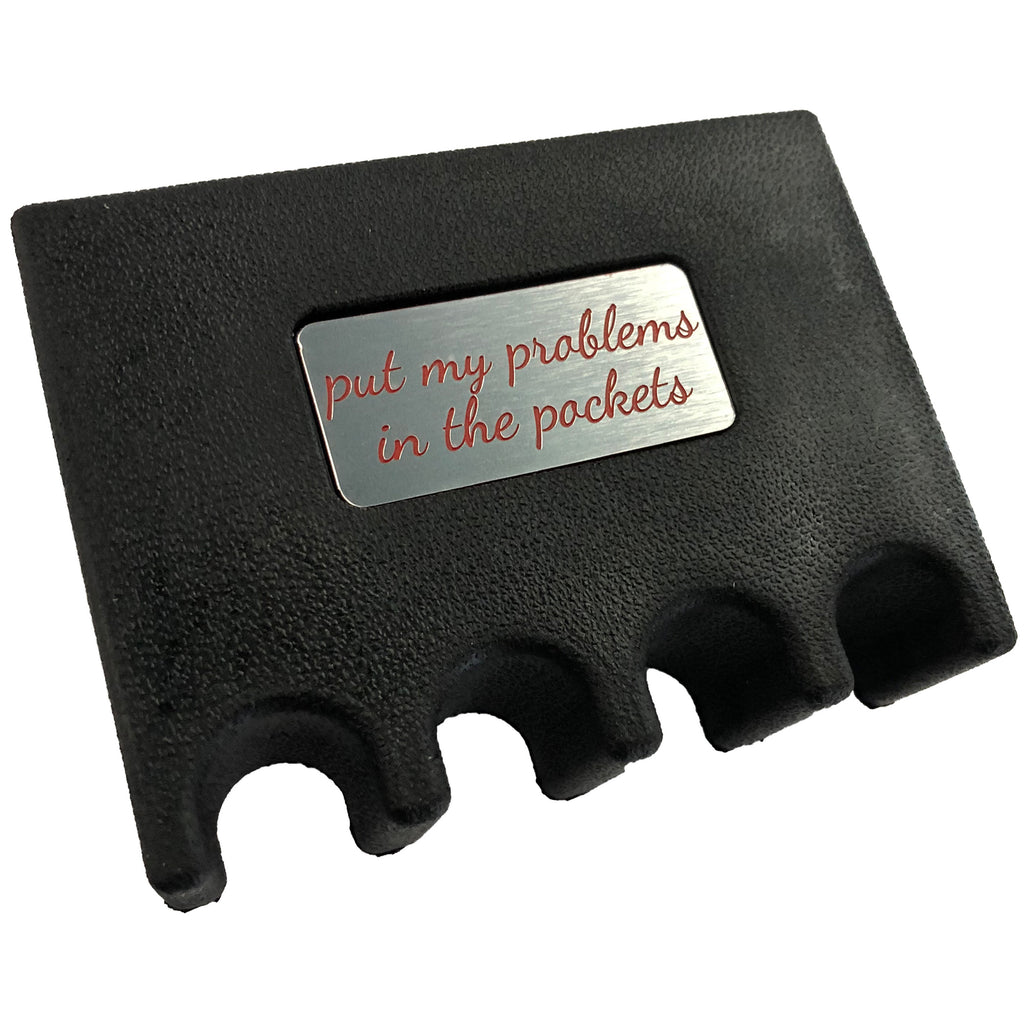 Custom Weighted Pool Cue Holder Rest for 4 Cues Red Cursive Plate