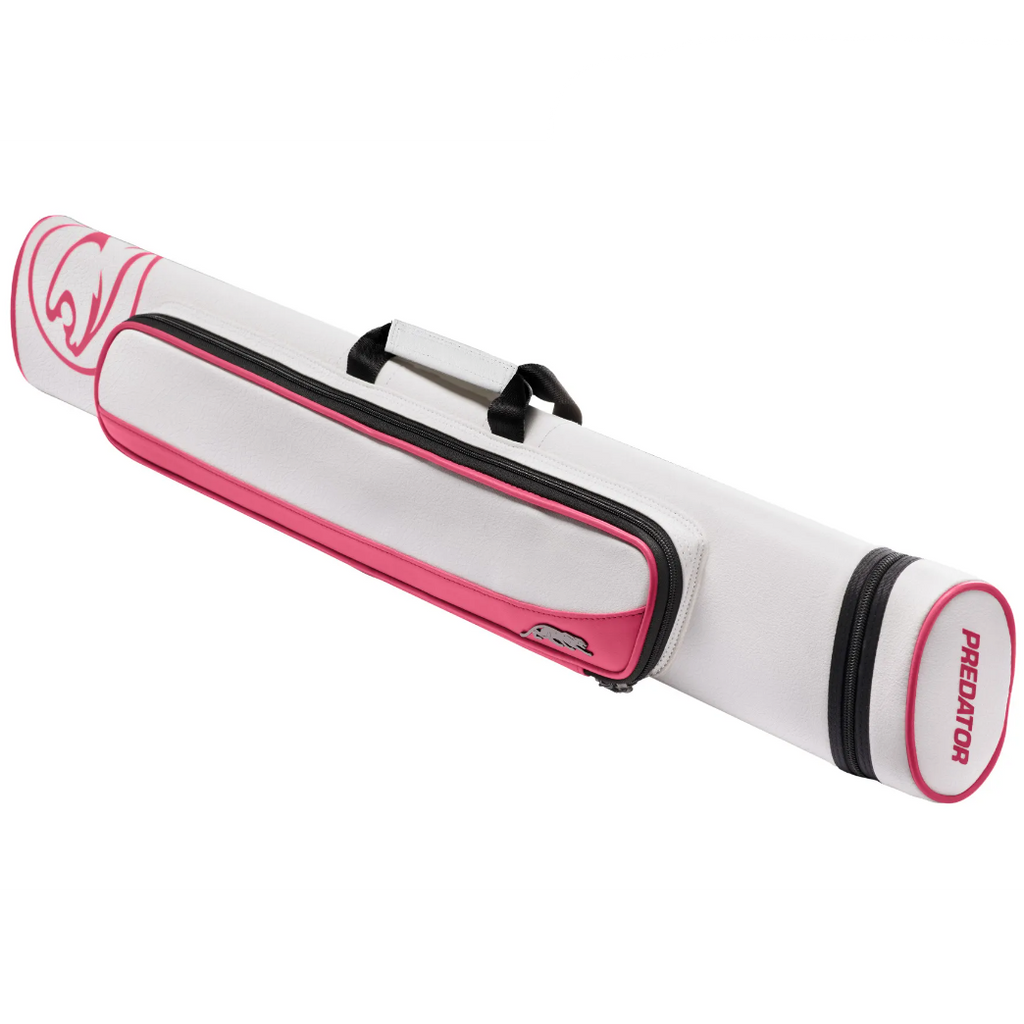 Pool Cue Case by Predator in pink and white with carry handle from top view