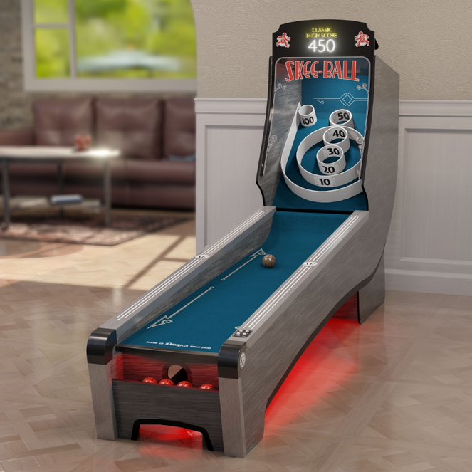 Skee-Ball Premium Home Arcade with Indigo Cork in room