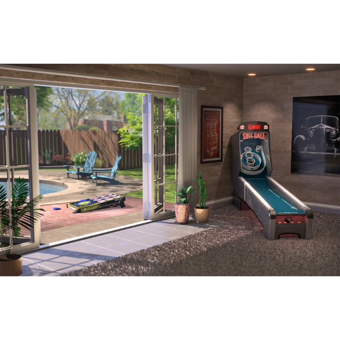 Skee-Ball Premium Home Arcade with Indigo Cork in corner of room