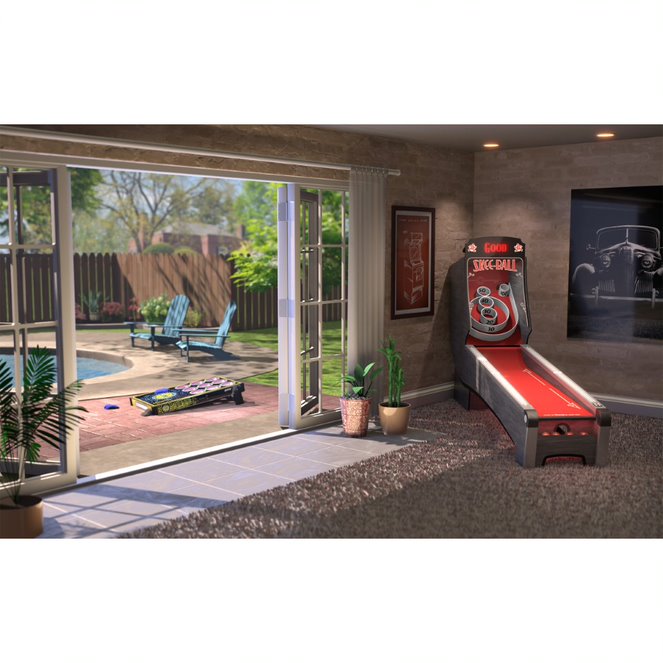 Skee-Ball Premium Home Arcade with Scarlet Cork in corner of room