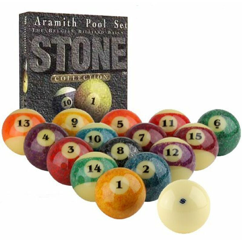 Stone Aramith Pool Ball Set Box with balls in front